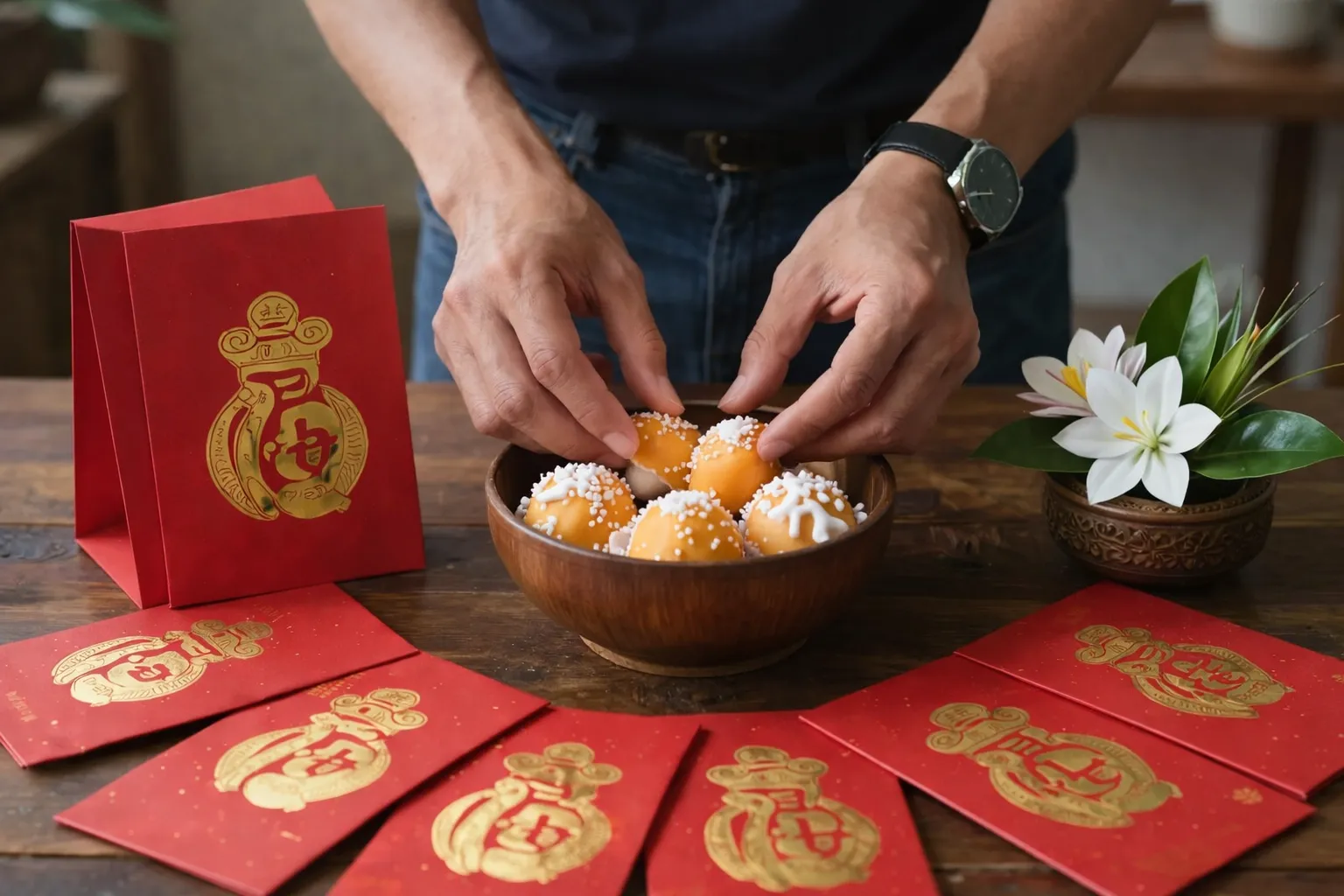 การเตรียมอั่งเปาและขนมมงคล เพื่อแบ่งปันพลังดี เป็นการสื่อถึงการส่งต่อพลัง ความหวัง และแรงสนับสนุน ควรเลือกจำนวนเงินที่ซ่อนตัวเลขความหมายดี เช่น 88 / 168 / 888 และควรหลีกเลี่ยงเลข 4 (ตามความเชื่อ) รวมถึงการจัดเตรียมขนมมงคล